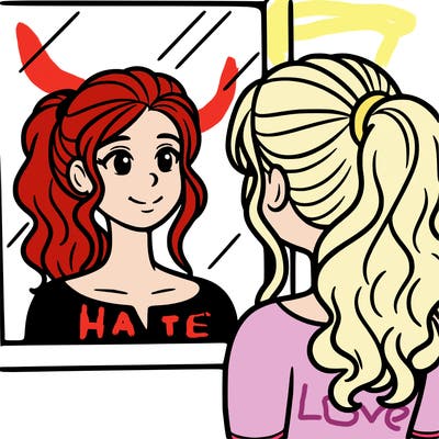 a woman looks at her reflection in the mirror