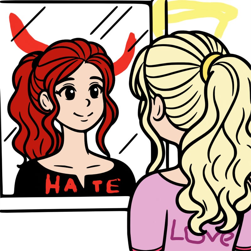 a woman looks at her reflection in the mirror