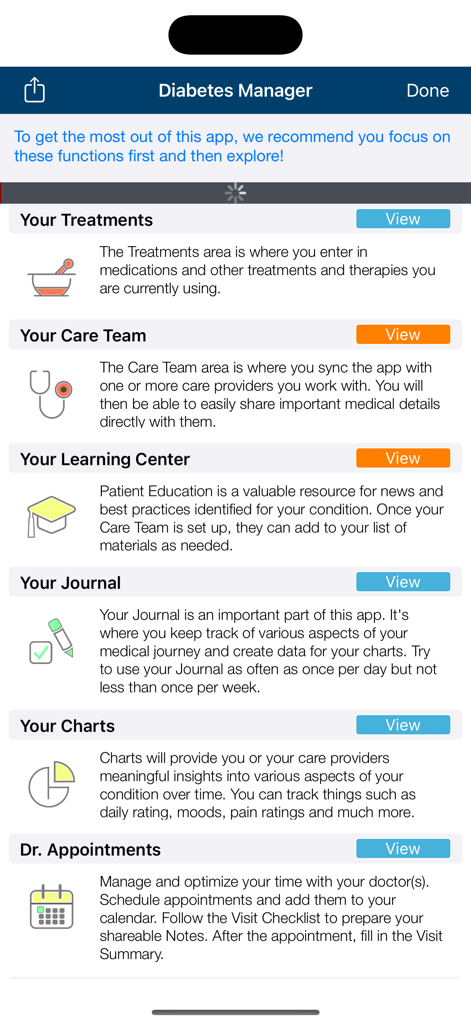 Diabetes Health Manager - Main dashboard of the Diabetes Health Manager app showing options for treatments care team learning center journal charts and doctor appointments