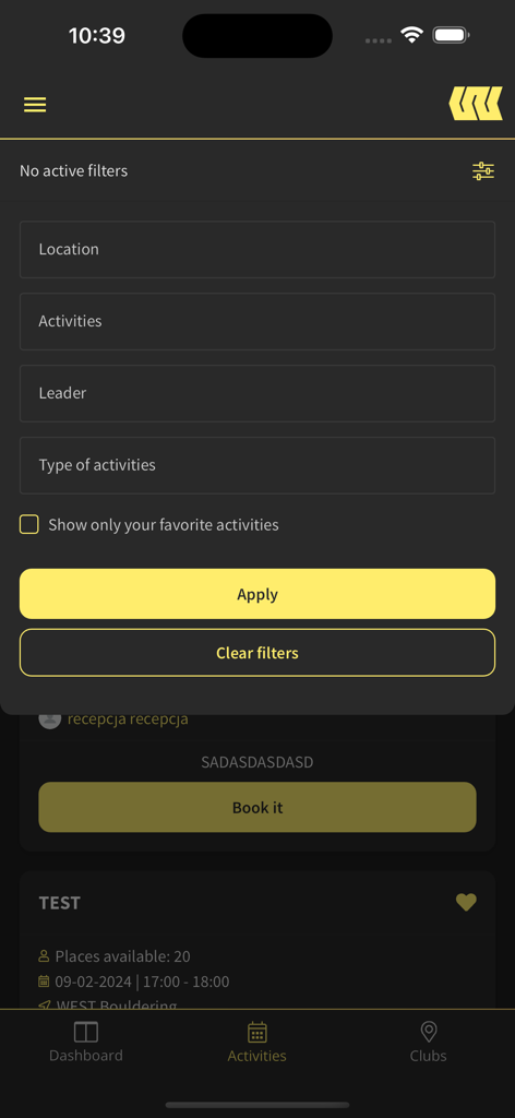 West Bouldering - Menu de filtros para aulas de escalada e atividades de academia no aplicativo West Bouldering