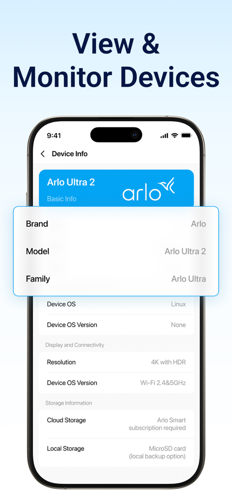 Captura de pantalla de la aplicación Cámara de Seguridad Monitor del Hogar mostrando detalles técnicos y especificaciones para una cámara Arlo Ultra 2