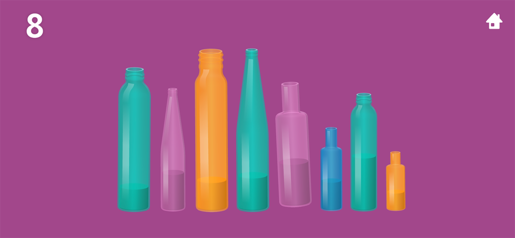 TallyTots Counting 123 Game - A preschool counting activity featuring eight colorful glass bottles on a purple background.