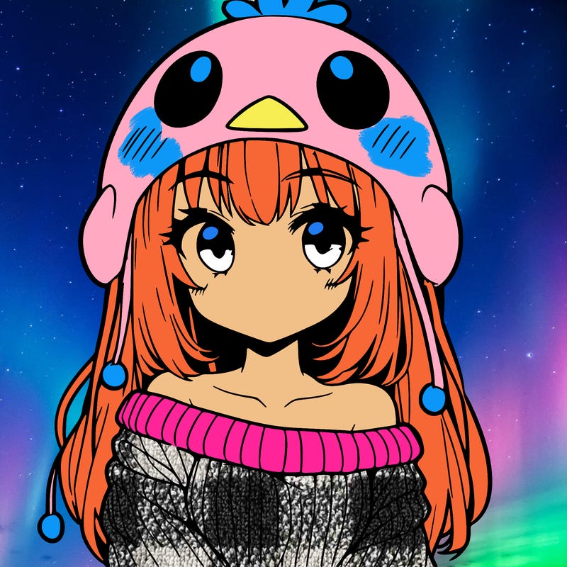 anime girl with chick shaped hat with sweater with bare shoulders with bangs covering them one eye with low tail