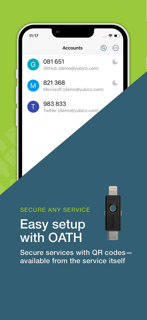 iPhone displaying the Yubico Authenticator app with account codes and a YubiKey