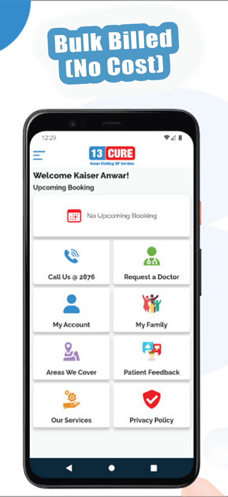 13CURE mobile app home screen showing options to request a doctor and manage medical bookings