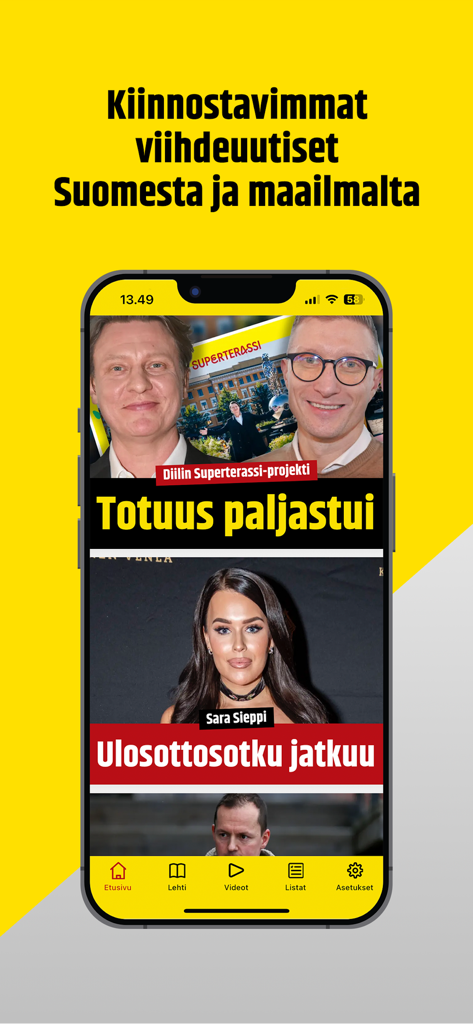Smartphone displaying the Seiska app home screen with Finnish celebrity news headlines and images