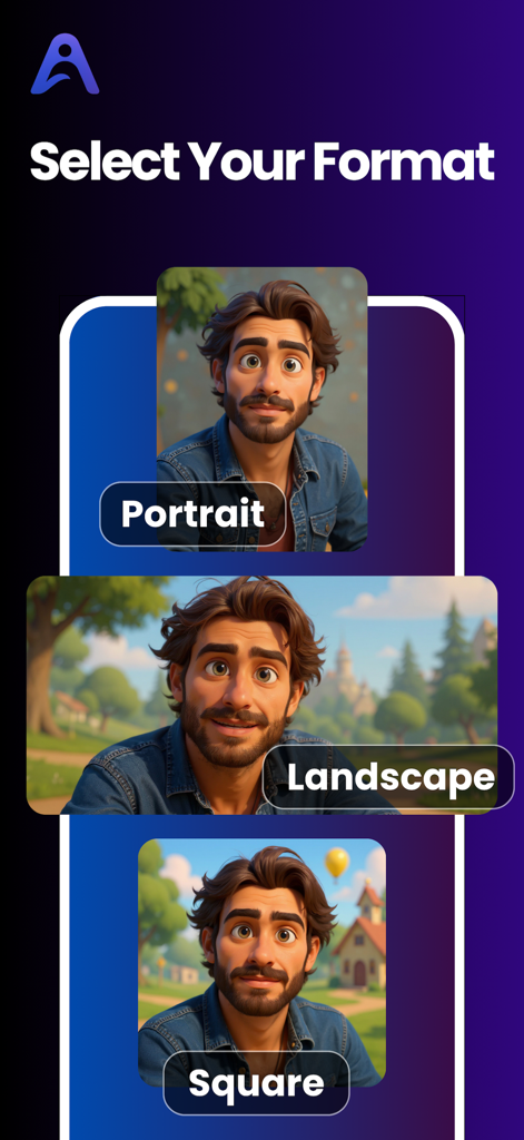 AI Avatar Generator & Animator - App screen for selecting avatar image format including portrait landscape and square options