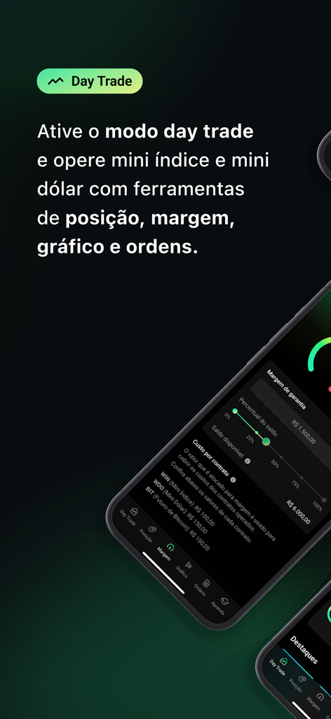 HUB3 - Gestão de Investimentos - Interfaz de la aplicación HUB3 mostrando el modo day trade con seguimiento de margen y herramientas de posición