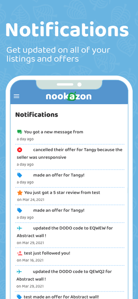 Nookazon app notifications page displaying trade offers and messages