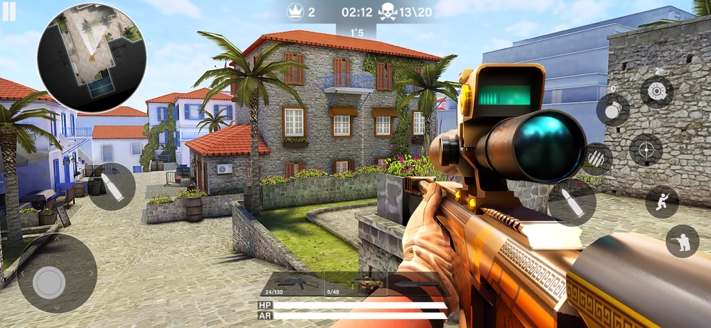 Hazmob FPS: Online Shooter - First person view of a sniper holding a golden rifle in Hazmob FPS tactical shooter