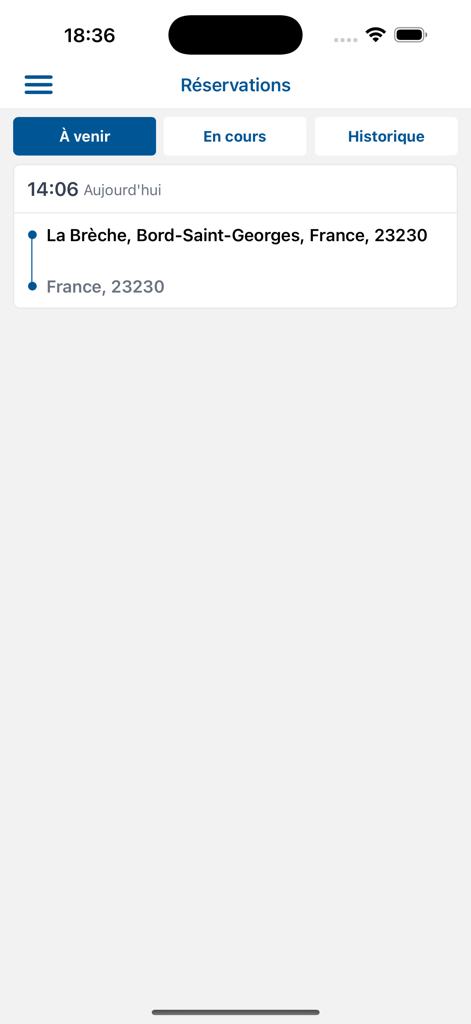 iGO Mobilite - Pantalla de reservas próximas en la aplicación iGO Mobilite mostrando un viaje programado en Francia.