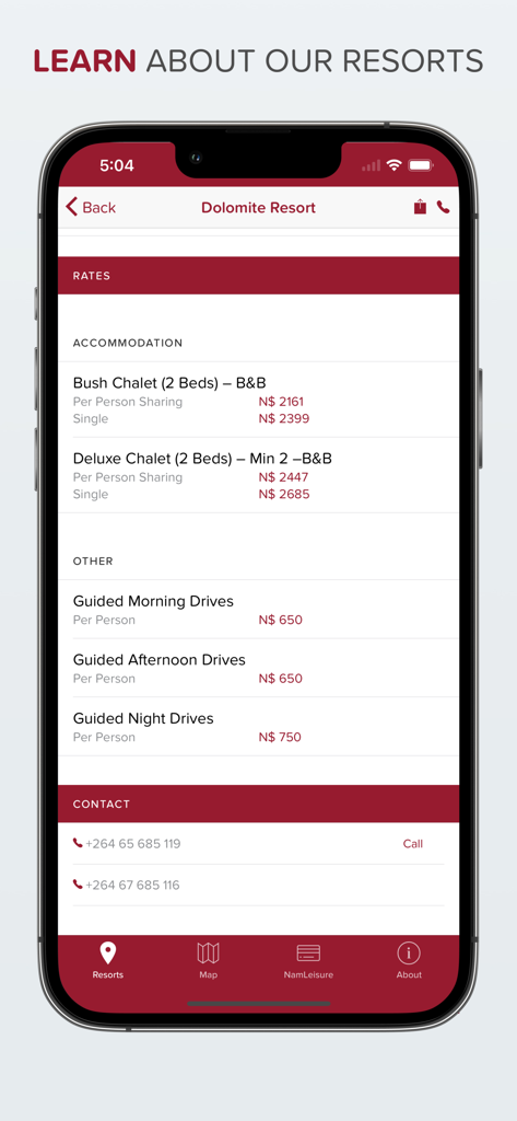 NWR – Namibia Wildlife Resorts - Smartphone screen showing accommodation and safari drive rates for Dolomite Resort in the NWR app.
