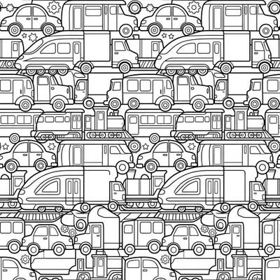 Discover our fascinating vehicle tessellations coloring page, where cars, trains, and buses interlock in a mesmerizing pattern. This intricate design provides a unique and engaging coloring experience for all ages.