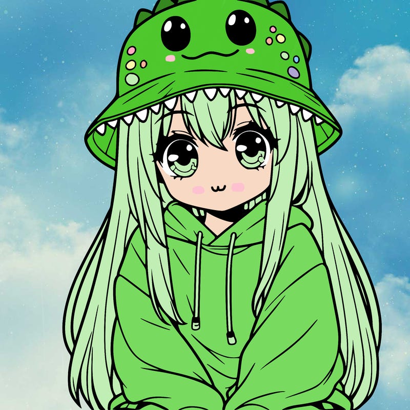 girl with anime shaped eyes with a dinosaur bucket hat oversized sweatshirt long straight hair