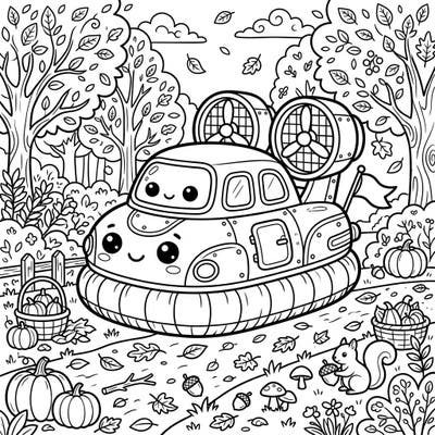 Get ready for a uniquely charming coloring experience with this Kawaii hovercraft gliding through a festive autumn landscape. Adorned with cute features and surrounded by fall delights, this page promises hours of joyful coloring.