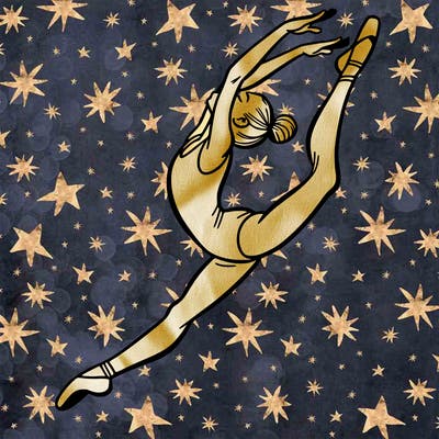 gymnast doing a leap in a leotard with a bent back leg