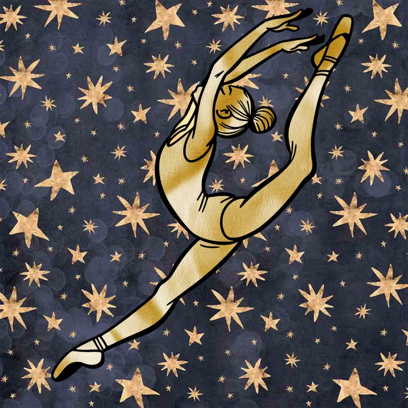 gymnast doing a leap in a leotard with a bent back leg