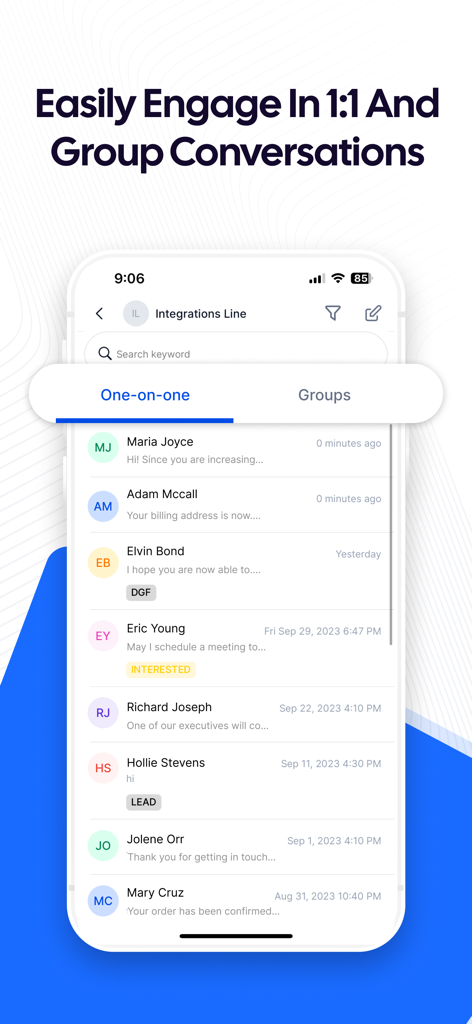A mobile app screen from JustCall showing a list of business text conversations categorized by one-on-one and groups.