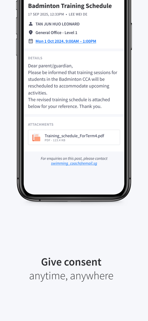 Parents Gateway - Bildschirm der Parents Gateway-App mit einem Schulaktivitätenkalender und digitaler Zustimmungsfunktion