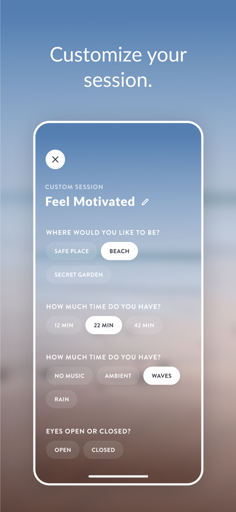 Grace 앱의 '세션 맞춤 설정' 화면으로, 환경, 시간, 배경 소리 설정을 포함한 '동기 부여' 최면 세션 설정 표시