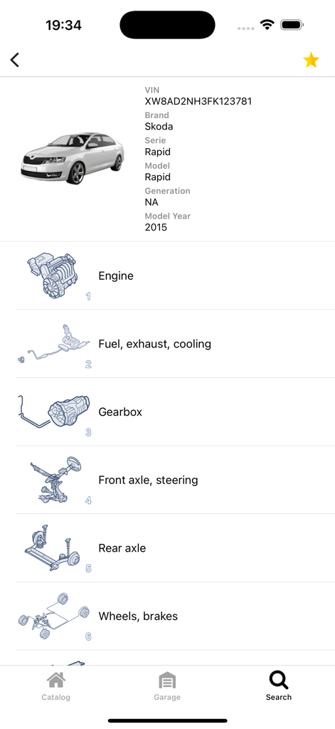 Mobile app interface displaying part categories and diagrams for a 2015 Skoda Rapid including engine and gearbox sections