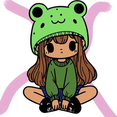 a girl wearing a frog hat and some frog socks