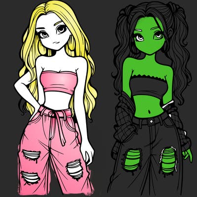 2 girls in crop tops and baggy jeans ripped