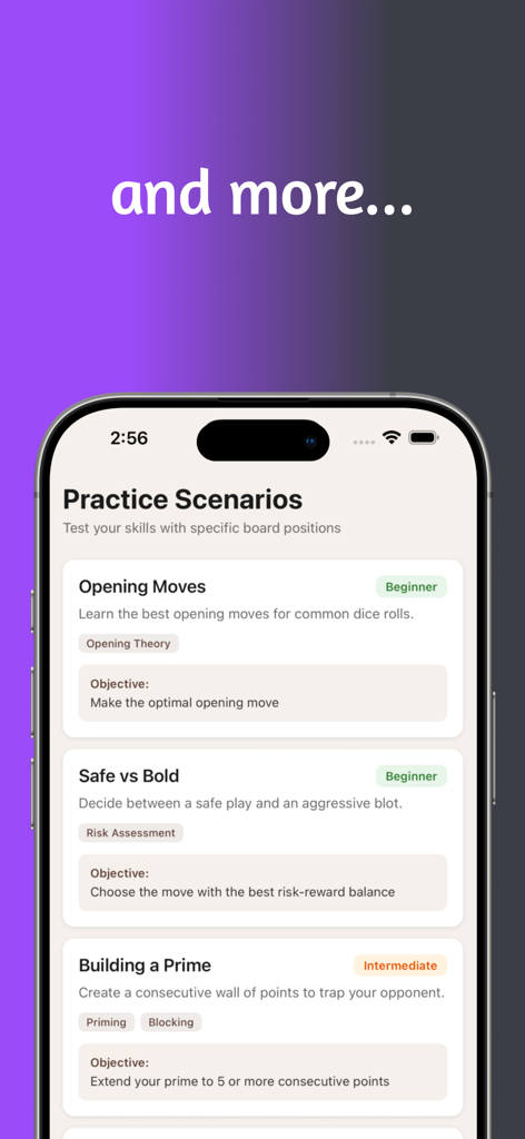 Backgammon - Play & Learn - Eine Liste interaktiver Backgammon-Übungsszenarien, einschließlich Eröffnungszügen und Strategielektionen