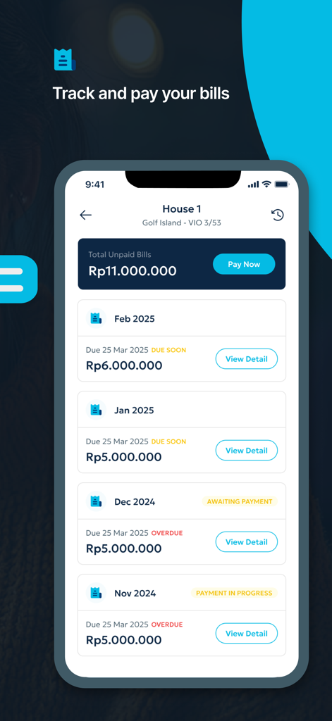Tela do aplicativo móvel Sedayu One City mostrando opções de rastreamento de contas de propriedade e pagamento
