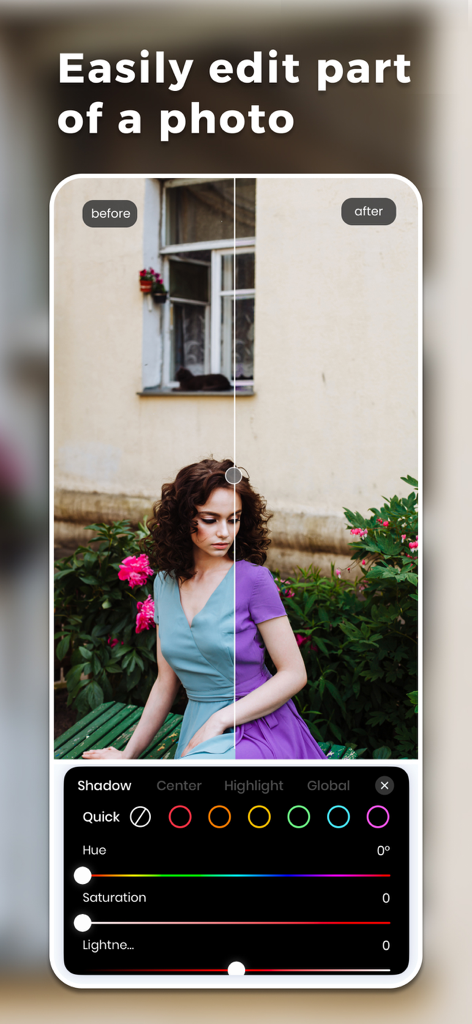 Remove Objects · Photo Eraser - アプリ内のサイドバイサイド比較で、写真編集スライダーを使用して女性のドレスの色が青から紫に変更されている様子を示しています。