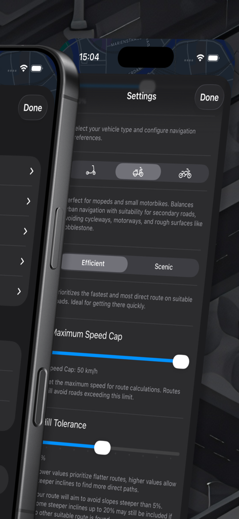 Urban Rider Scooter navigation - Menu delle impostazioni dell'app Urban Rider che mostra la selezione del tipo di veicolo, il cursore del limite di velocità e le opzioni di tolleranza alle pendenze