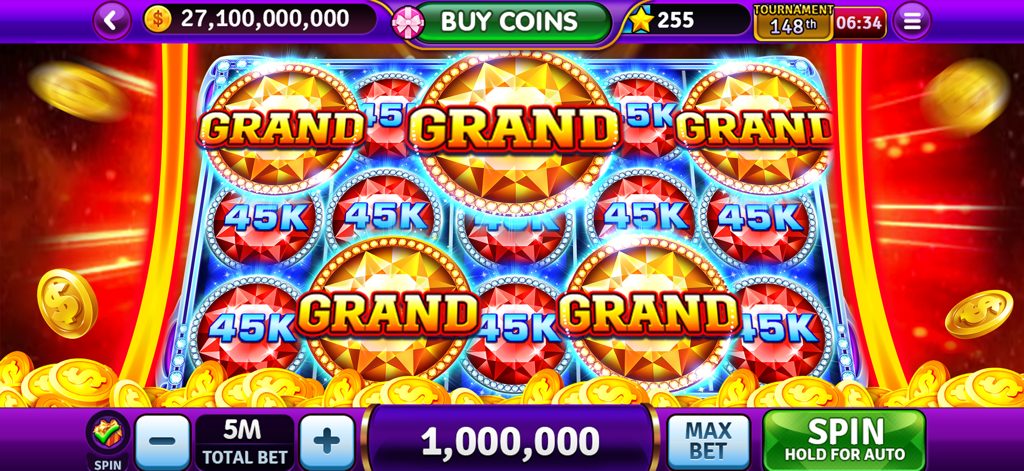A vibrant slot machine interface from Tycoon Casino showing multiple grand jackpot jewel symbols and gold coins.