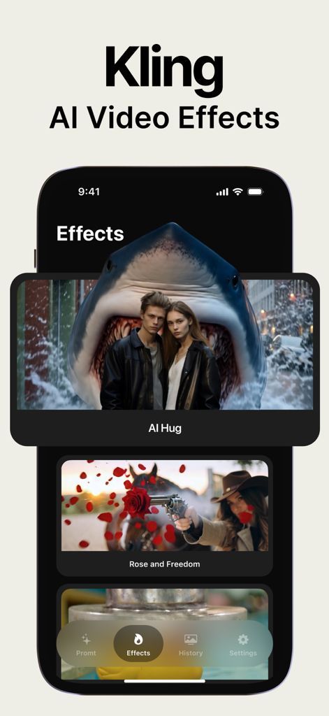 Interfaz de la aplicación móvil Kling AI Video Effects mostrando plantillas de video creativas como AI Hug y Rose and Freedom.