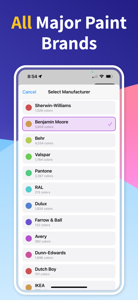 A mobile app interface displaying a list of major paint manufacturers including Sherwin-Williams and Benjamin Moore for color matching.