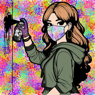 realistic girl with mask spray painting a wall