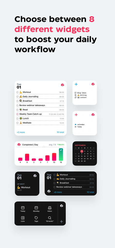 Sorted³ - Calendar Notes Tasks - A collection of eight different iOS widgets from the Sorted3 app showing calendars, task lists, and productivity stats in light and dark themes.