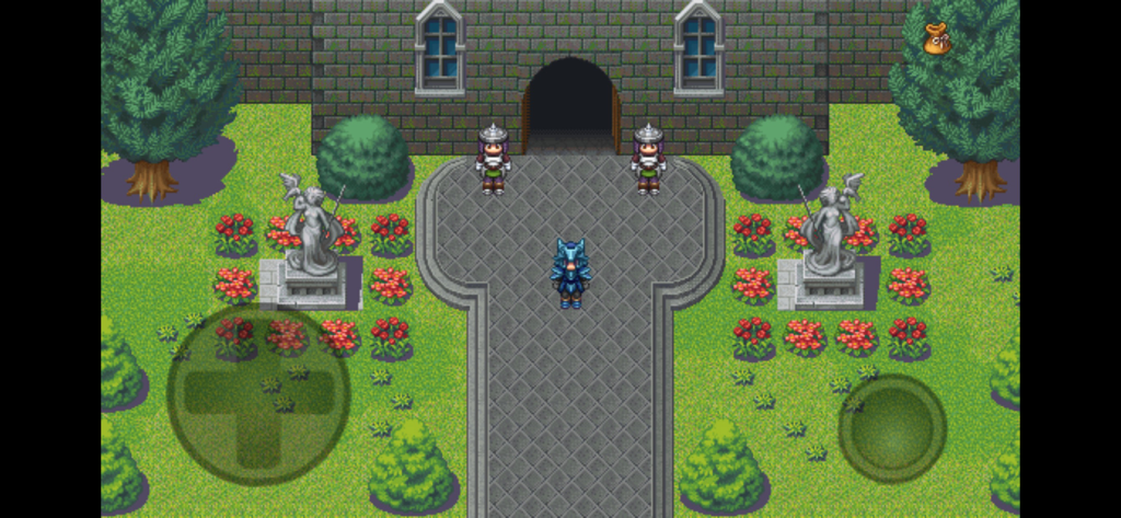 Vue de dessus d'un personnage en pixel art dans un jardin de château dans 7 Stories RPG