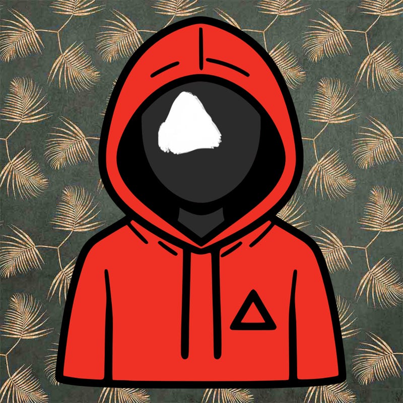 a person with non face waering a hoodie with a small triangle symbol