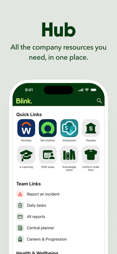 A mobile interface for the Blink app showing the Hub screen with quick links to company resources like payslips shift swaps and workday