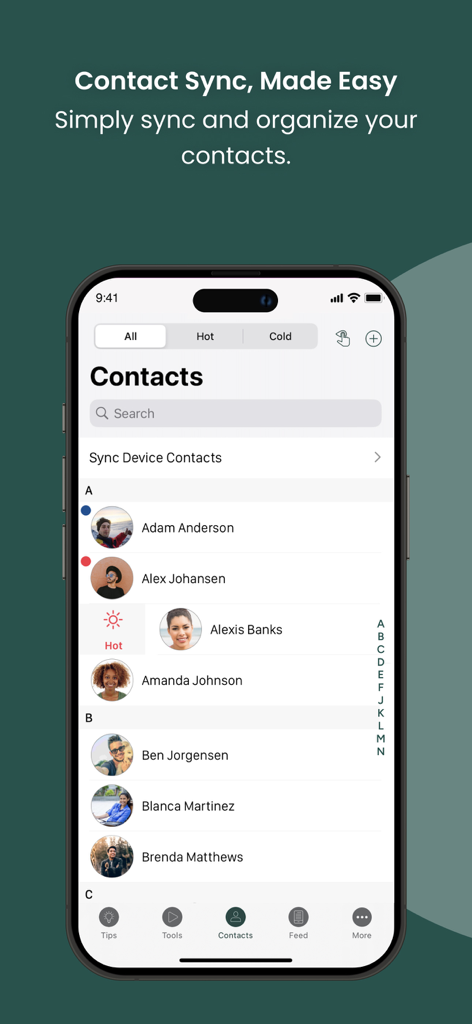 Partner.Co Share - Interface de l'application Partner.Co Share montrant la synchronisation des contacts et l'organisation des prospects avec des catégories 'chaud' et 'froid'.