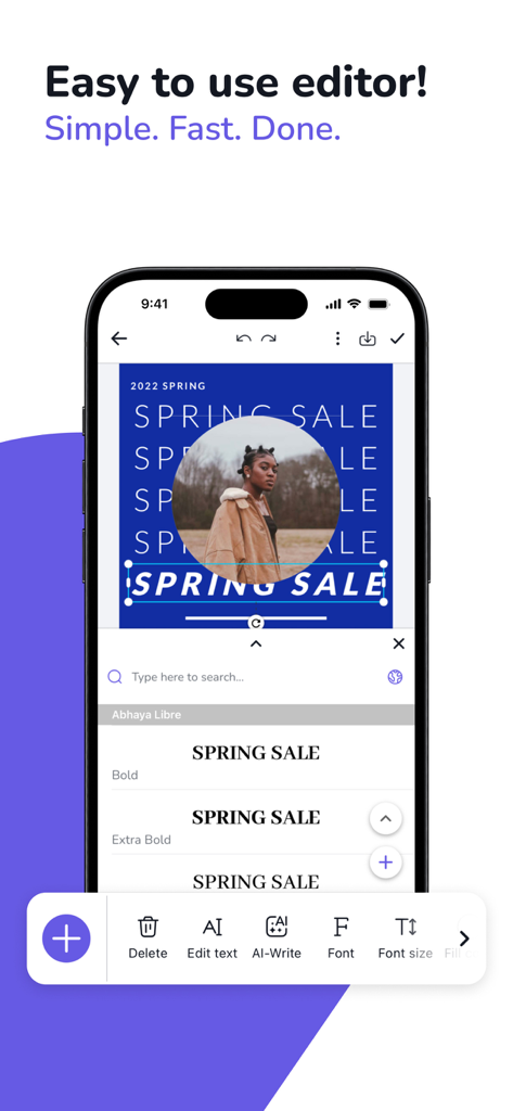 Mobile app screenshot showing an easy to use flyer editor with spring sale templates and font customization options