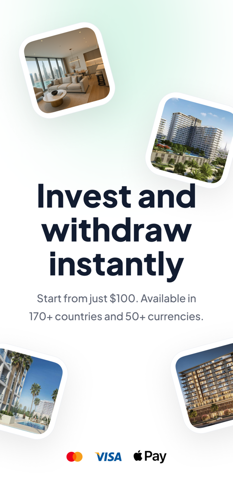 Stake: Real Estate Investing - Promotional screen for Stake app highlighting instant real estate investment and withdrawals with luxury property photos and payment icons