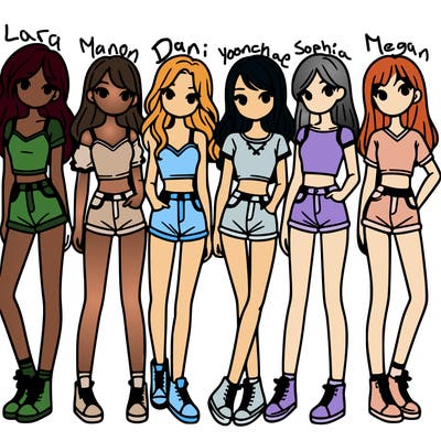 a group of girls wearing crop tops and shorts