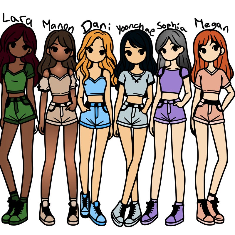 a group of girls wearing crop tops and shorts