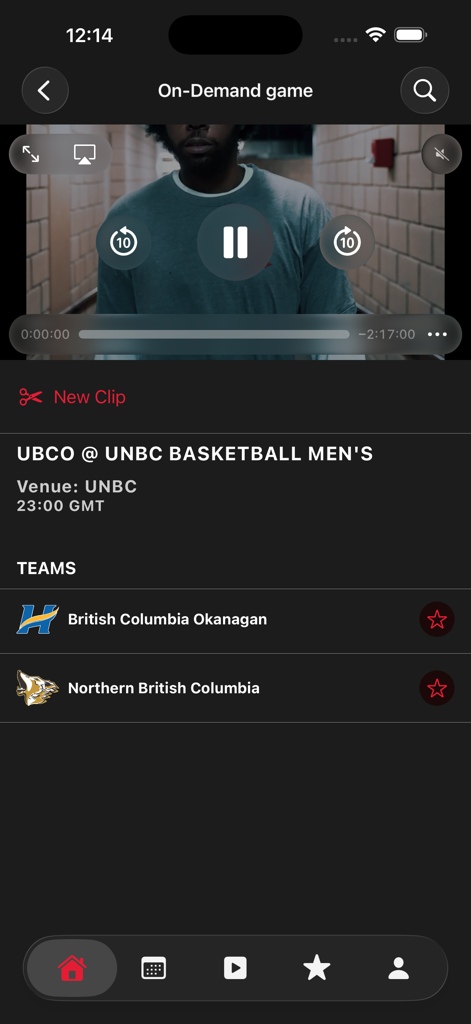CanadaWest.TV - Interface of CanadaWest.TV app showing an on-demand men's basketball game between UBCO and UNBC with video playback controls.