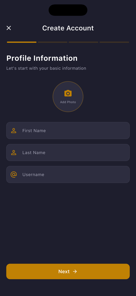 MarkiTo - The profile information screen of the MarkiTo app where users can enter their name, username, and add a profile photo.