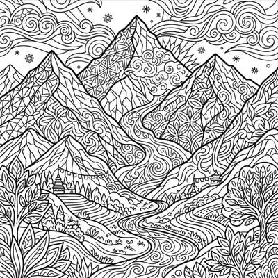 Embark on a creative journey with this stunning adult coloring page featuring the majestic Himalayan Mountains. Discover intricate patterns within the towering peaks, winding rivers, and serene landscapes, designed for relaxation and artistic expression.