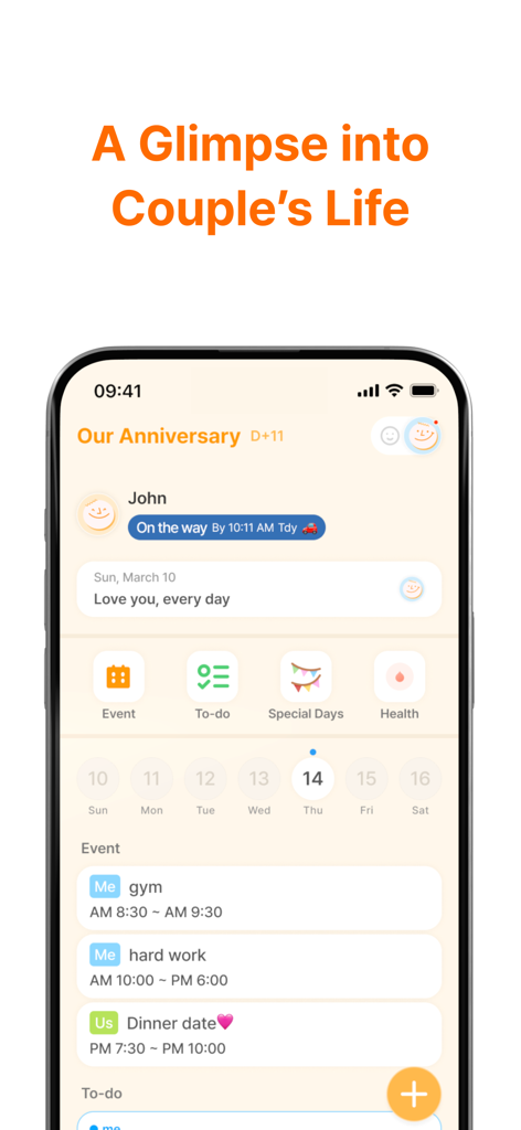 Signaling: Calendar for Couple - Interface do aplicativo Signaling mostrando um painel compartilhado para casais com rastreador de aniversário e agenda diária