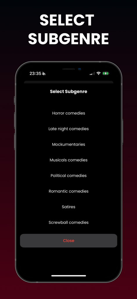 Bildschirm mit dem Menü zur Auswahl von Subgenres, einschließlich Komödienkategorien, in der App 'Film- & TV-Codes für Netflix'