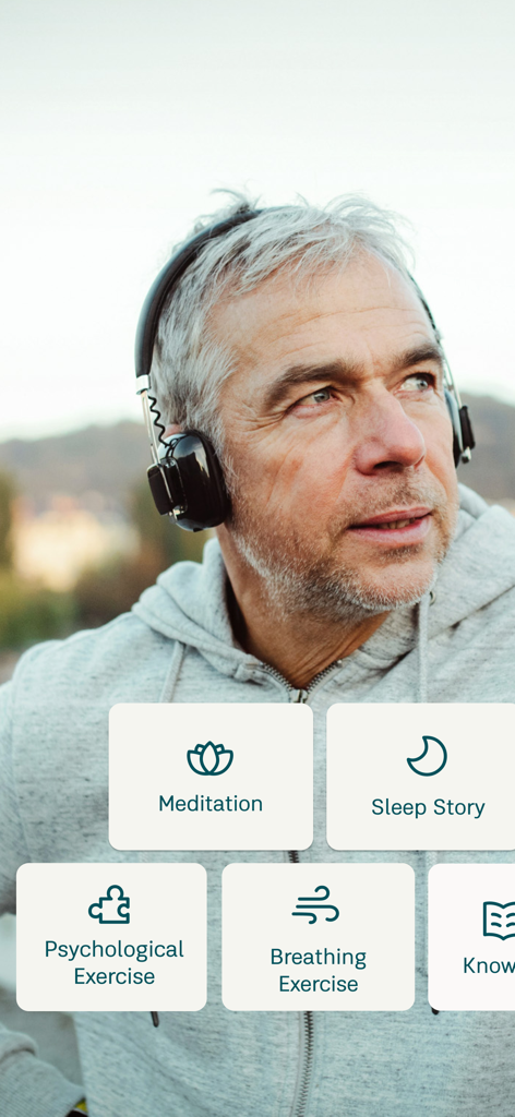7Mind Mindfulness & Meditation - A man wearing headphones with app icons for Meditation, Sleep Story, and Psychological Exercise